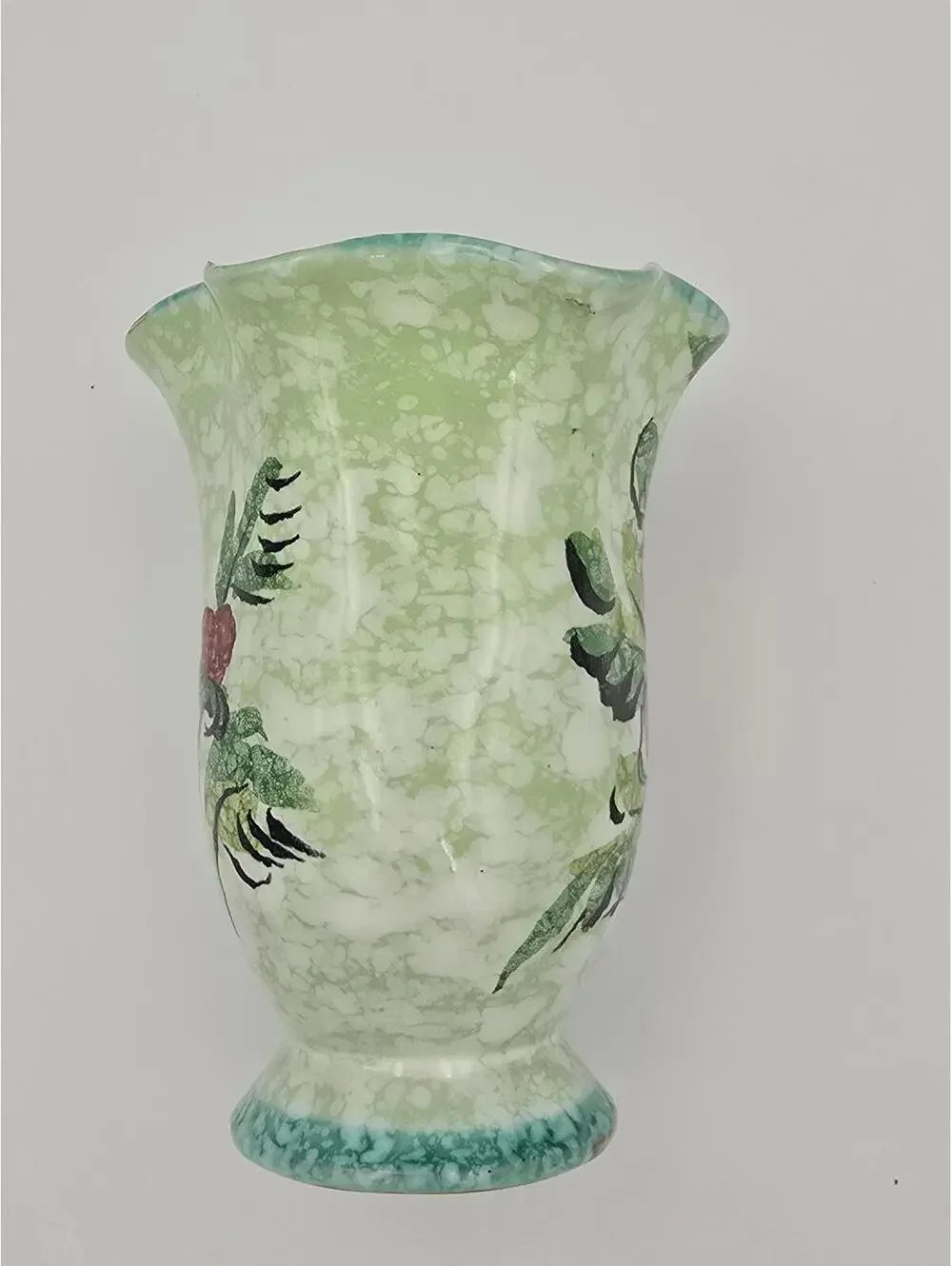 Vintage Hand-Painted Italian Floral Vase – Green Art Pottery Pedestal Vase